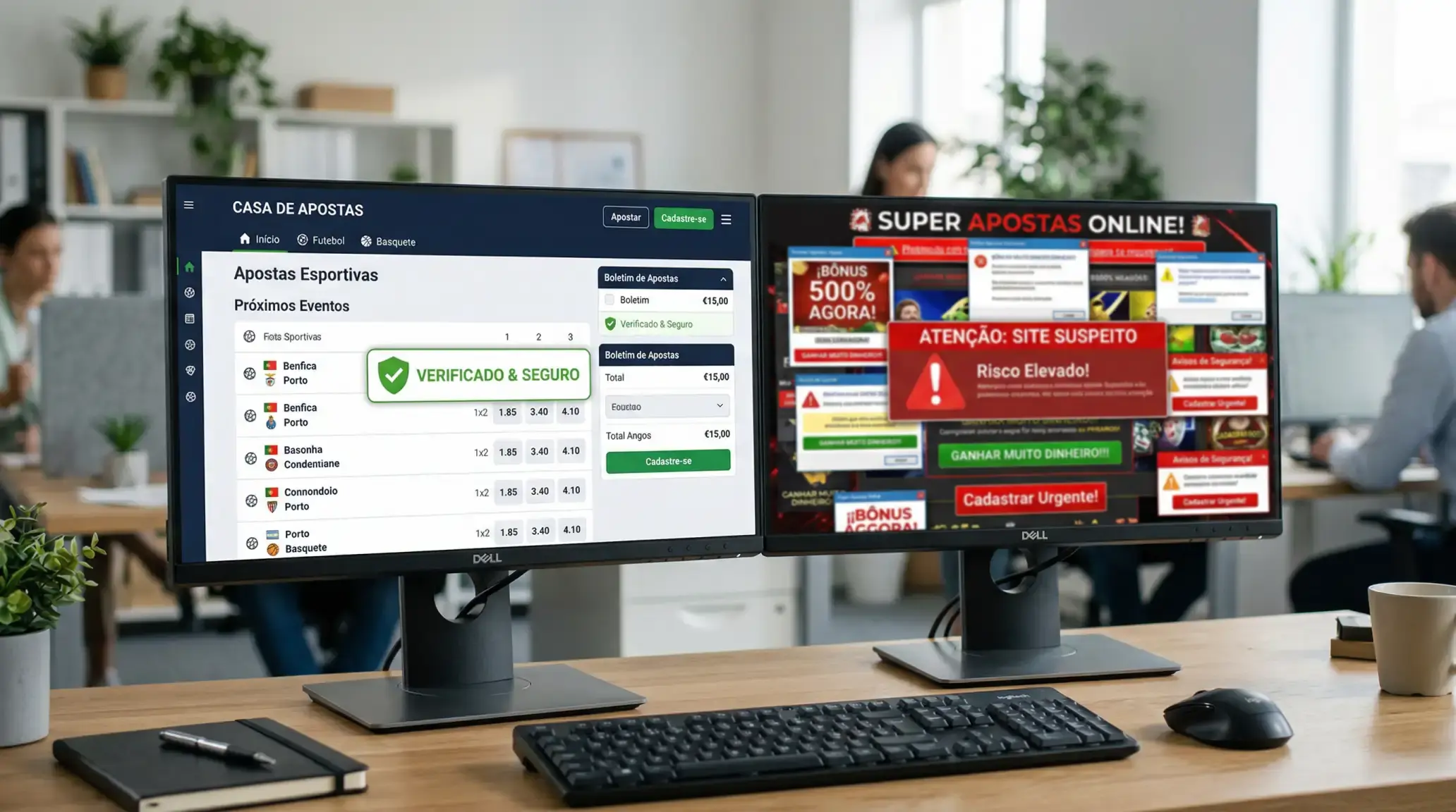 Ecrã de computador dividido entre um site de apostas legal com selo SRIJ e um site sem licença