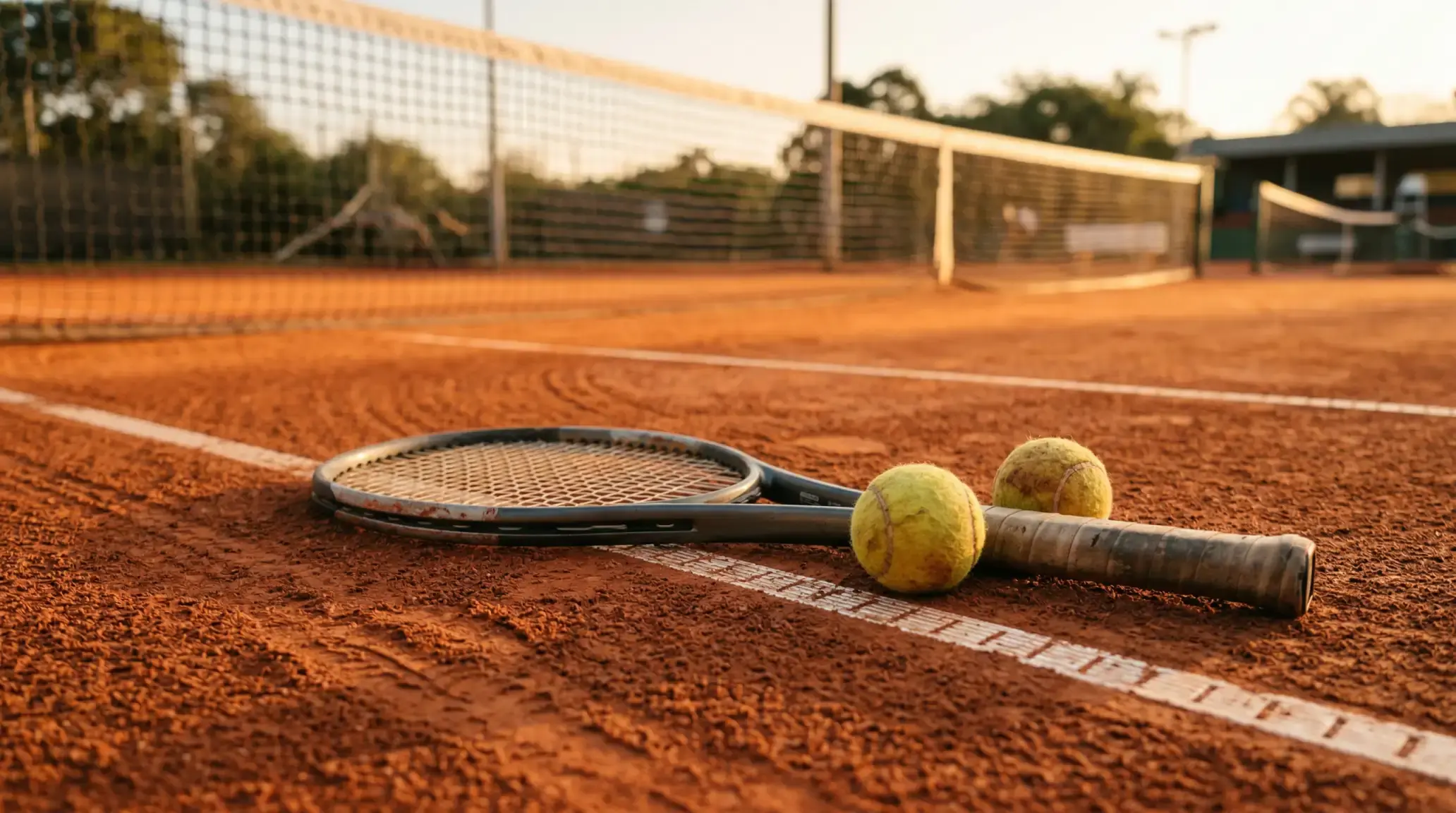 Campo de ténis com raquete e bola sobre a superfície junto à rede