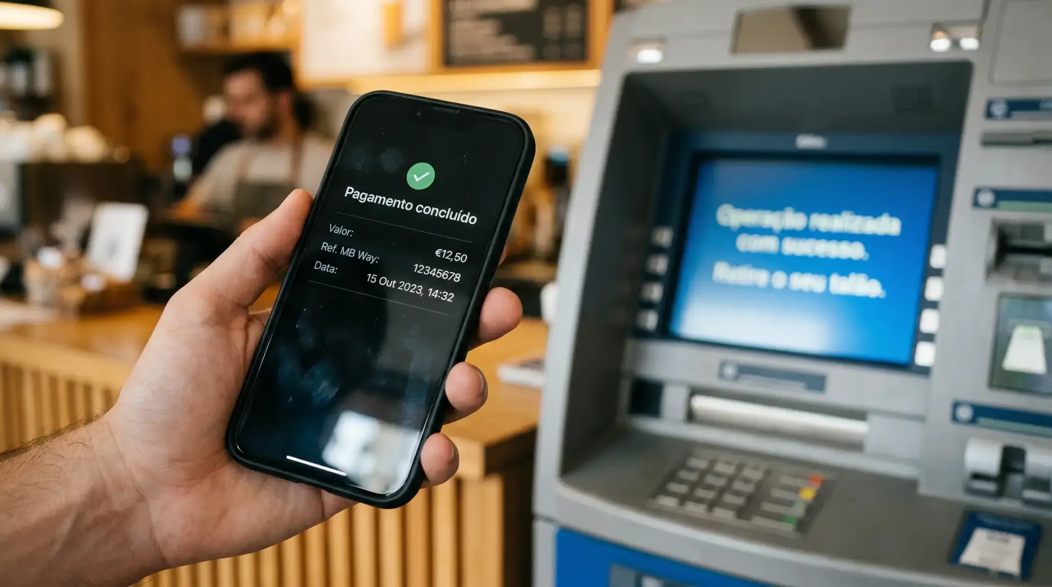 Telemóvel com aplicação MB Way ao lado de um terminal Multibanco em Portugal