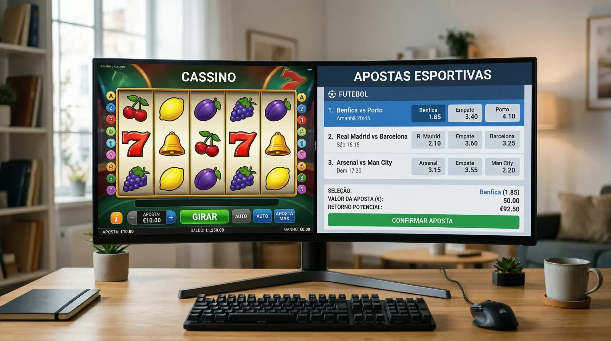 Ecrã dividido entre uma slot machine de casino online e um boletim de apostas desportivas