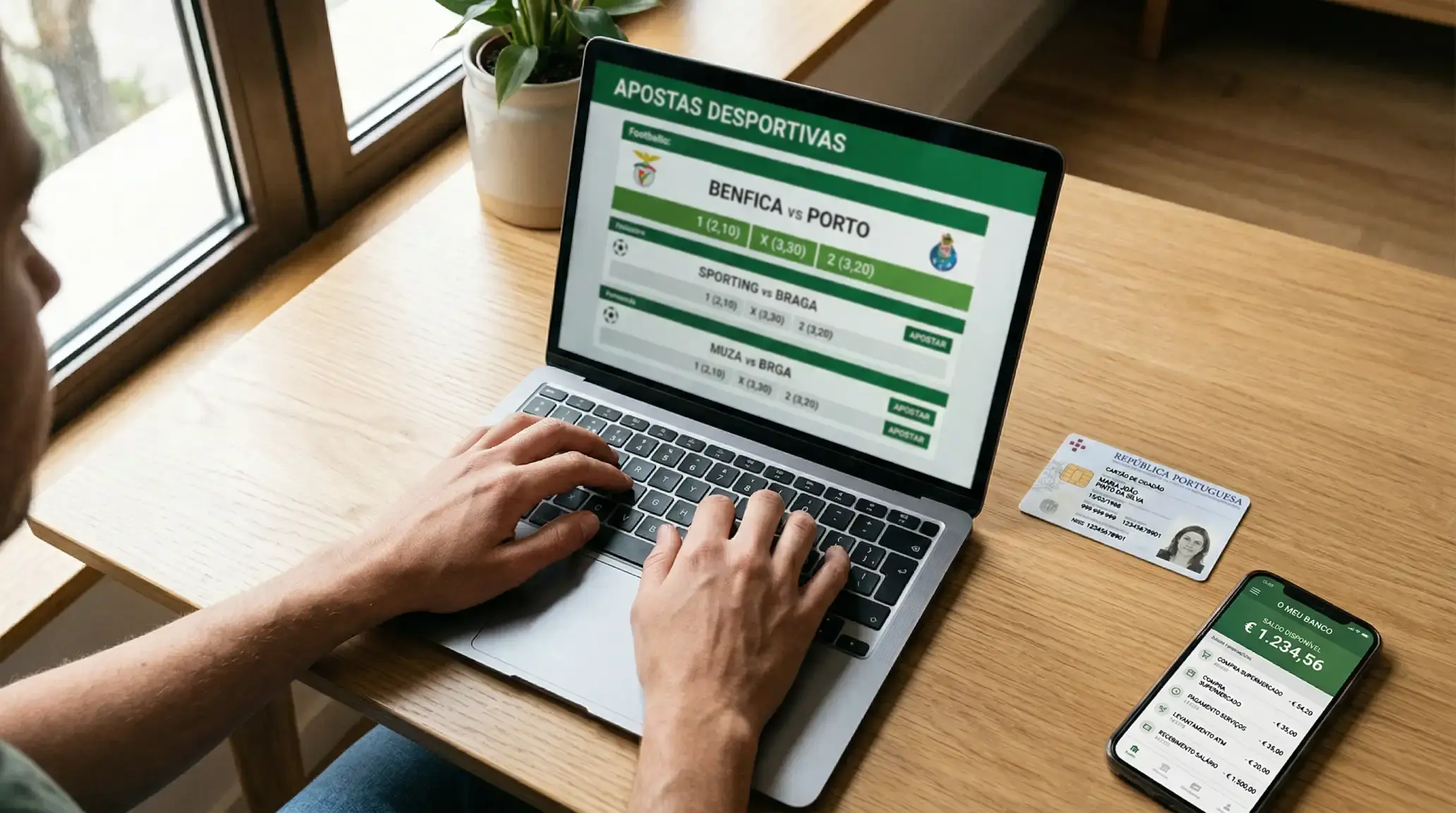 Pessoa a utilizar um computador portátil para fazer a primeira aposta desportiva online em Portugal