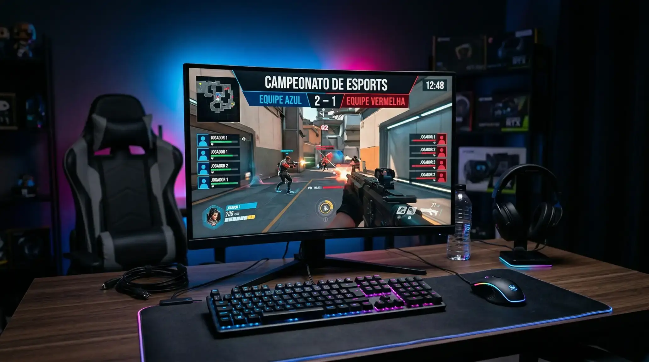Configuração de gaming com monitor a exibir uma competição de eSports profissional