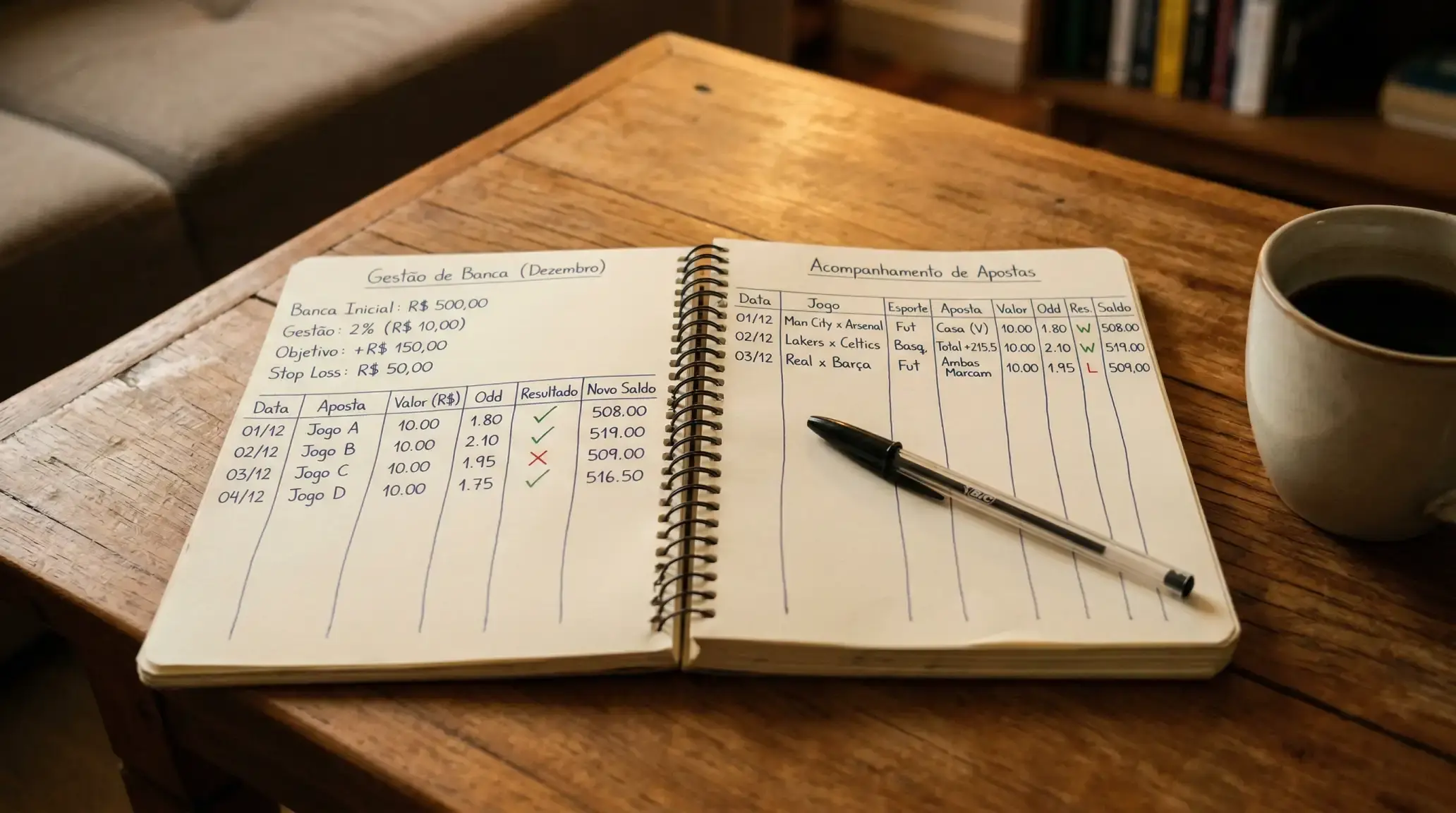 Caderno com anotações de gestão de banca para apostas desportivas ao lado de uma caneta