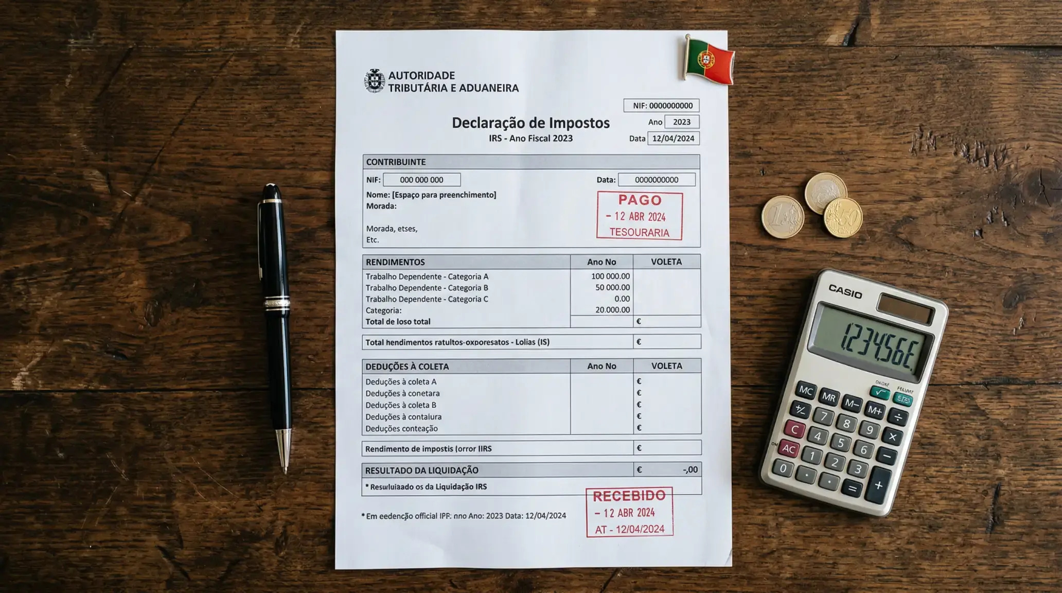 Documento fiscal português com referência ao IEJO e apostas desportivas sobre uma secretária