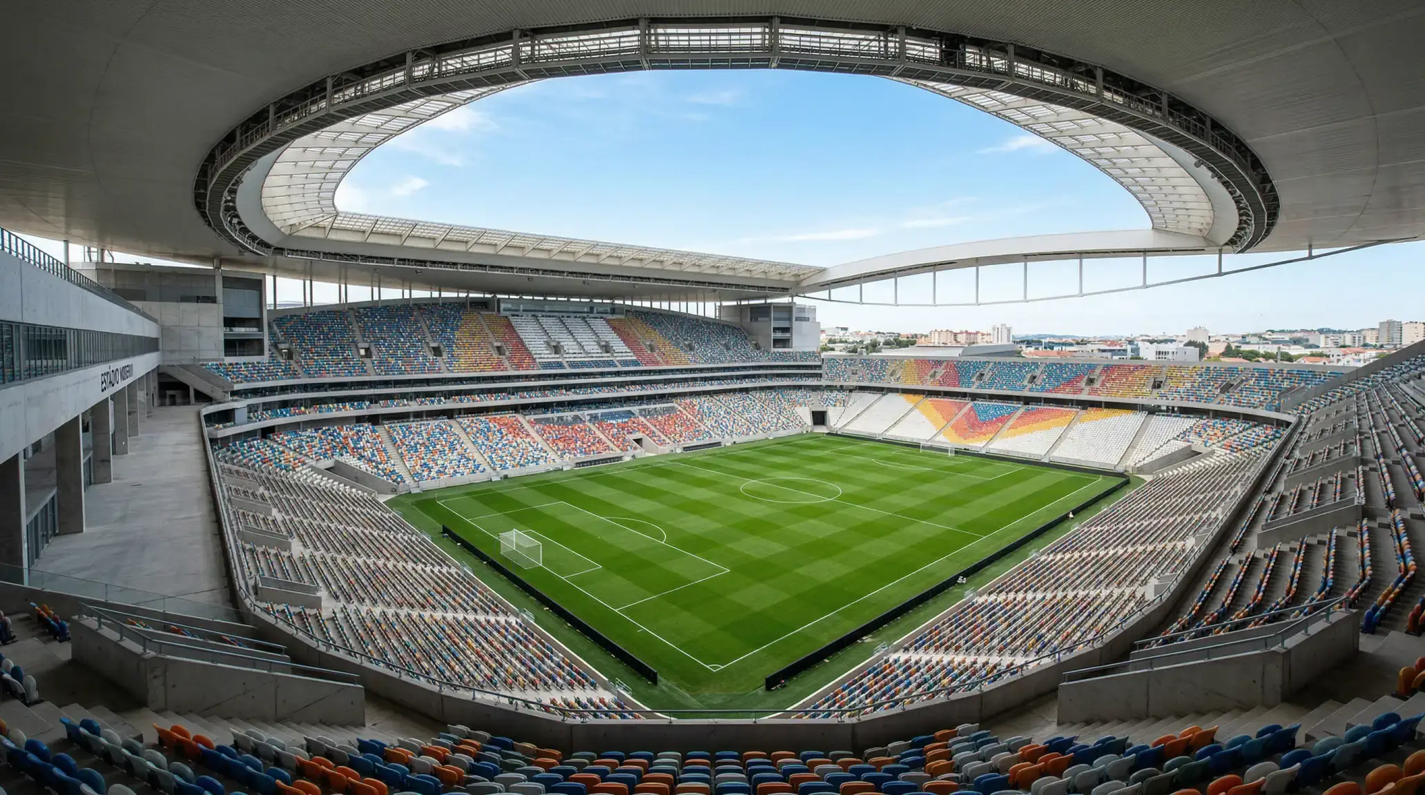 Estádio de futebol com relva verde e bancadas preparado para o Mundial 2026