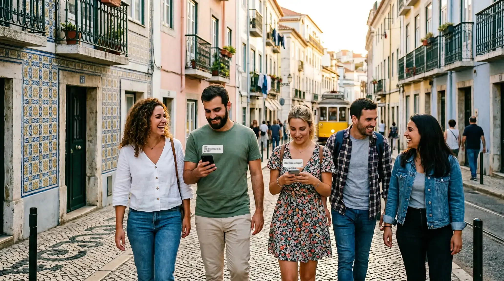 Grupo diverso de pessoas portuguesas a utilizar telemóveis numa cidade em Portugal