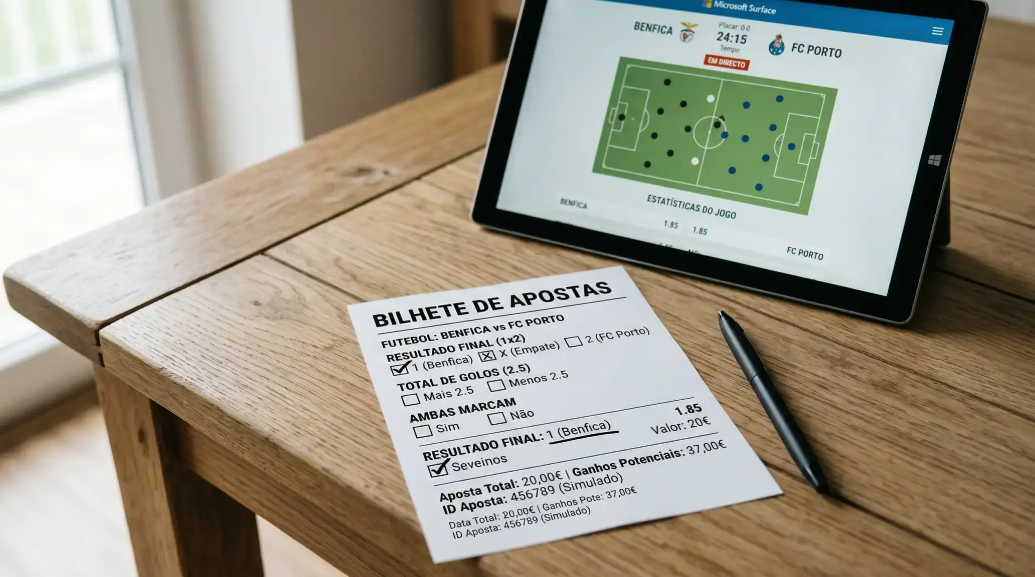 Boletim de apostas desportivas com vários mercados incluindo 1X2 e over/under